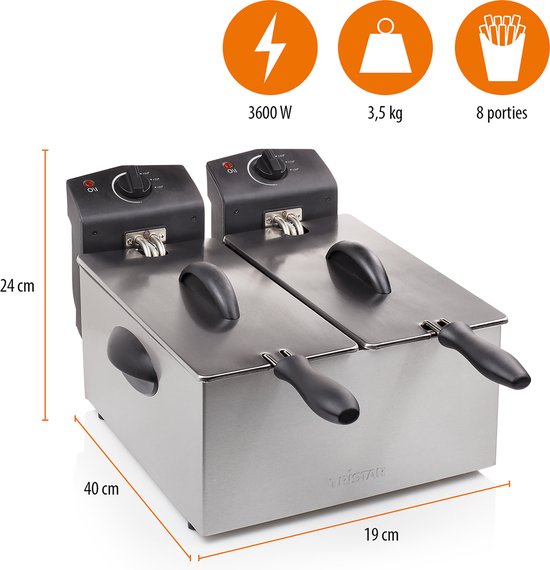 Afmetingen van de zilverkleurige dubbele frituurpan: 24cm hoog, 40cm lang en 19cm breed.