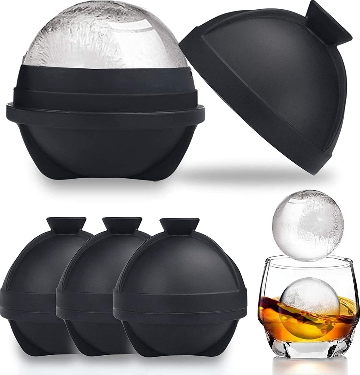 Ice Cube Trays Siliconen Combo Mould - Set van 4, bolvormige ijsbal Maker met deksel & grote vierkante vormen, herbruikbaar en BPA vrij