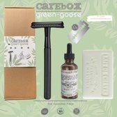 green-goose® Scheerset | CareBox Shave Pack | Zwart Klassiek Scheermes | 10 Scheermesjes | Scheerolie | Verzorgende Geitenmelkzeep |