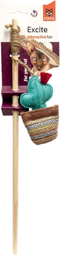 Kattenhengel met een stoffen cactus in een gestreepte pot aan een houten stok, gelabeld als Excite interactive fun.
