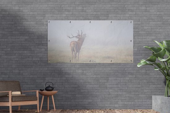 Tuinposter 200x100 cm - Tuindecoratie Hert - Gras - Mist - Poster voor in de tuin - Buiten decoratie - Schutting tuinschilderij - Tuindoek muurdecoratie - Wanddecoratie balkondoek