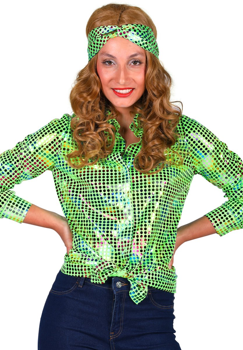 Blouse Disco - Dames Blouse - Disco 80/90 - Hippie - Carnaval - Verkleedkleding - Groen - Maat L