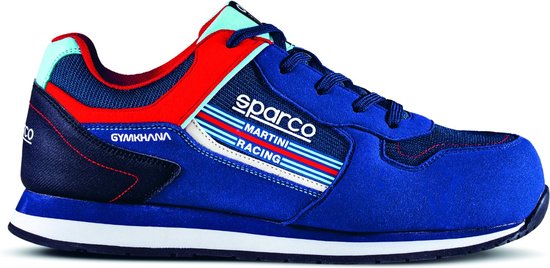 Sneaker Sparco Gymkhana bleue avec logo "Martini Racing", semelle blanche et détails rouges/menthe.