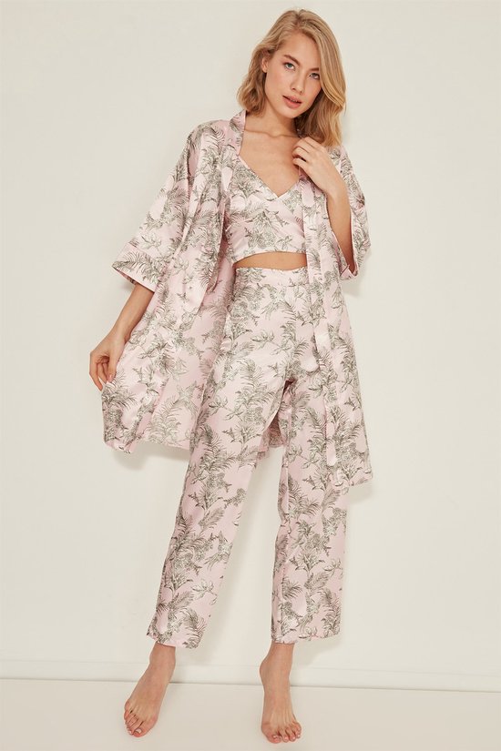 AMARANTA- Cadeau-Satin 3 Piece Nightgown Set- 3 stuk Satijnen Pyjama set-Powder kleur-maat L