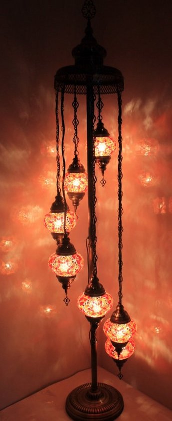 Turkse Lamp - Vloerlamp - Mozaïek Lamp - Marokkaanse Lamp - Oosters Lamp - ZENIQUE - Authentiek - Handgemaakt - Oranje - 7 bollen