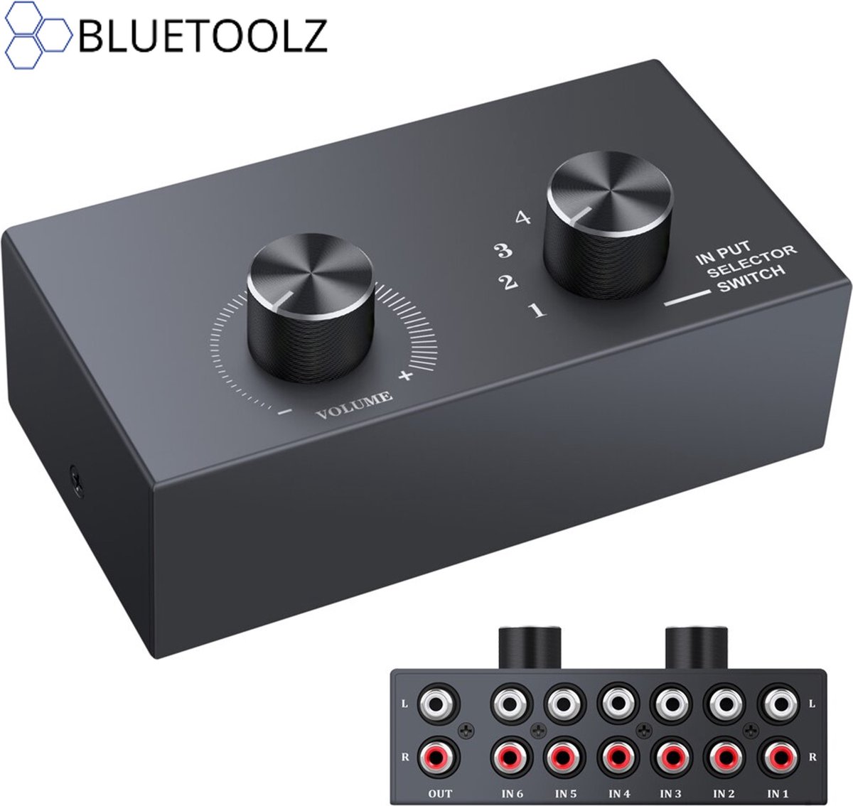 Bluetoolz® - Audio Switch - 6 voudig & bi-directioneel – BT-AS 106 met volume regeling - zwart