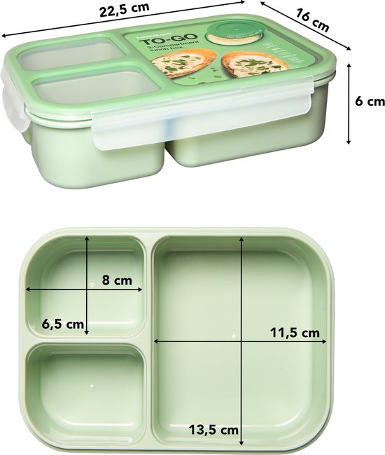 Afmetingen van de groene lunchtrommel en de indeling van de vakjes met maten.