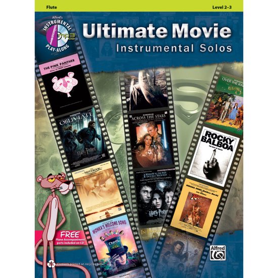 Boekomslag 'Ultimate Movie Instrumental Solos' met filmsymbolen en de Pink Panther.