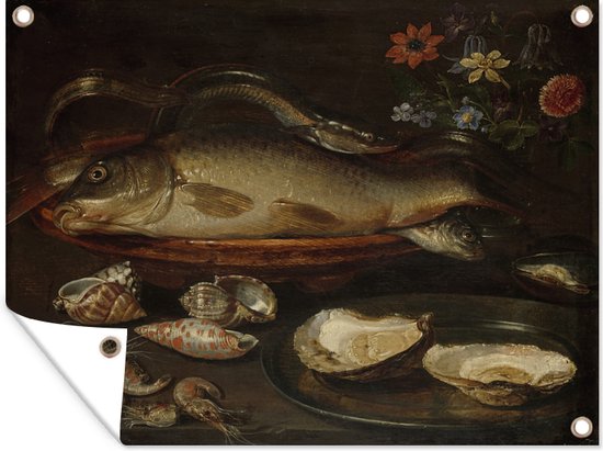 Tuin decoratie Stilleven met vissen oesters en garnalen - Schilderij van Clara Peeters - 40x30 cm - Tuindoek - Buitenposter