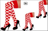 3x Paar Lange sokken geblokt rood/wit - maat 36-41 - kniekousen rood/witte overknee kousen sportsokken cheerleader carnaval voetbal hockey unisex festival