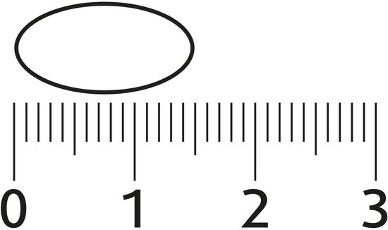 Schaalverdeling van 0 tot 3 cm naast een ovale capsule.