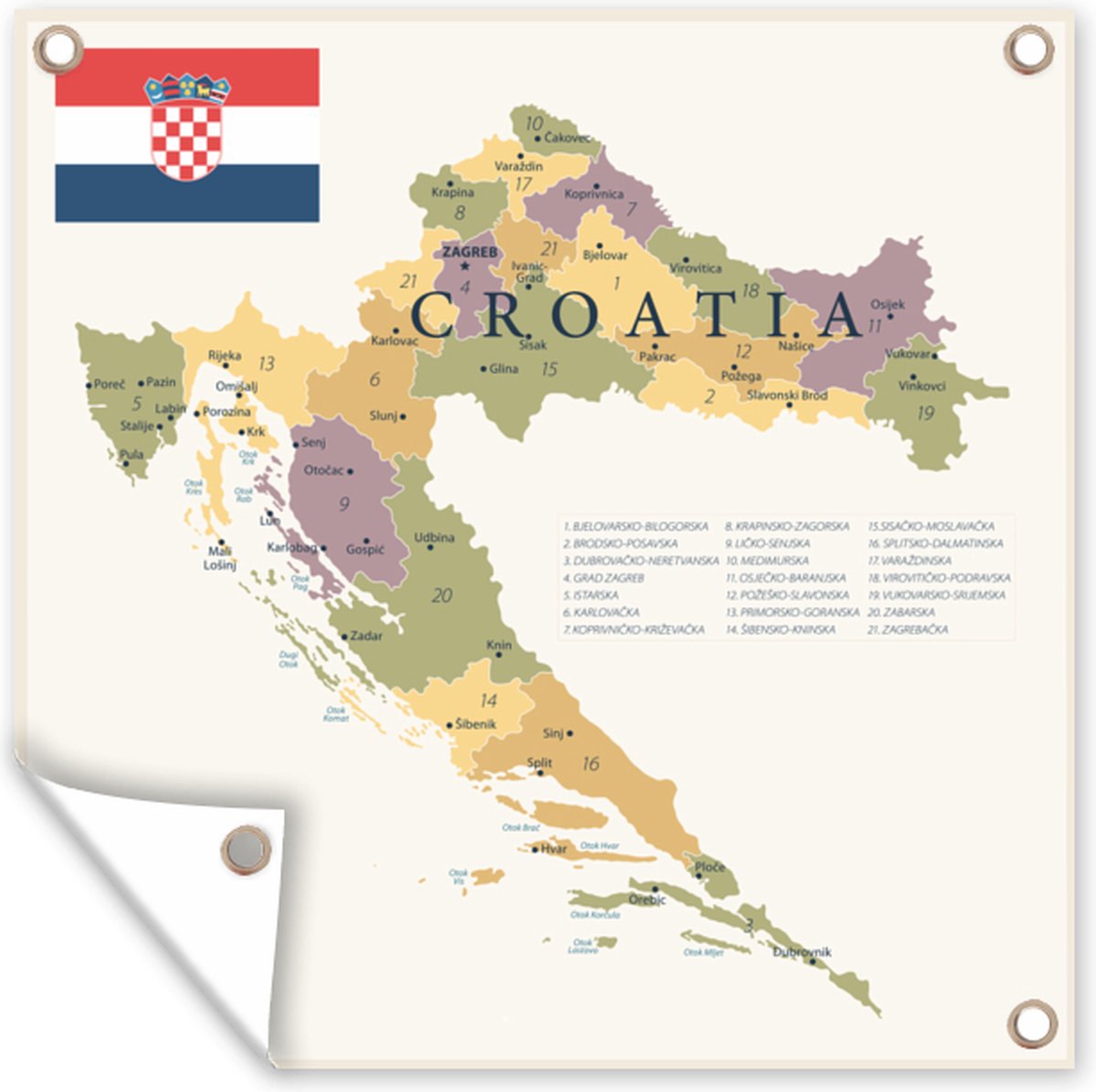 Tuin Poster Kaart Van Kroatië Met De Belangrijke Steden En Gebieden 200x200 Cm