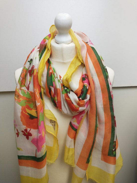 Lange dames sjaal Marina gebloemd motief geel wit oranje groen roze rood bruin