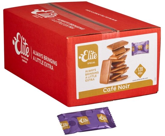 Rode doos Elite Special Café Noir met afbeelding van koekjes en een paars omwikkeld koekje. Bevat 120 stuks.