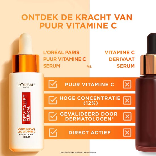 L'Oréal Paris Revitalift Clinical Pure Vitamine C 12% Serum - Serum Vitamine C - Helpt bij een doffe & oneffen teint - Met Vitamine C + E & Salicylzuur- 30ml