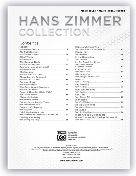Boek "Hans Zimmer Collection" met inhoudsopgave.