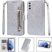 Glitter Bookcase voor Samsung Galaxy S23 Plus | Hoogwaardig PU Leren Hoesje | Lederen Wallet Case | Telefoonhoesje | Pasjeshouder | Portemonnee | Zilver