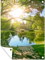 Tuinschilderij Bomen - Meer - Zon - Gras - Natuur - 60x80 cm - Tuinposter - Tuindoek - Buitenposter