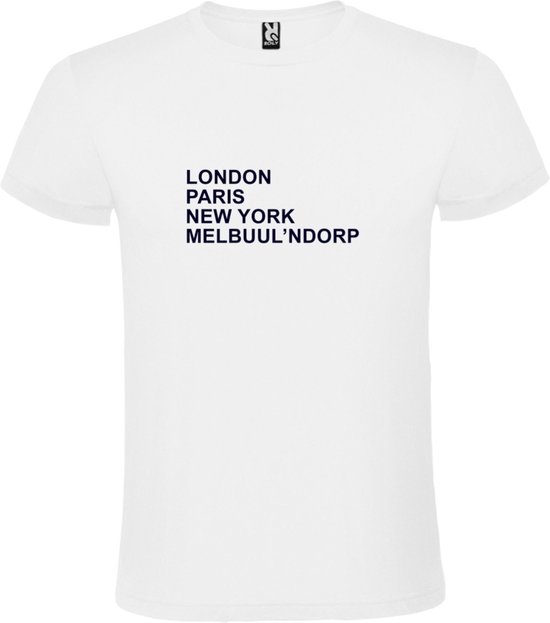 wit T-Shirt met London,Paris, New York ,Melbuul’ndorp tekst Zwart Size XS