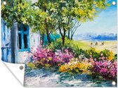 Tuinschilderij Schilderij - Planten - Bloemen - Huis - Olieverf - 80x60 cm - Tuinposter - Tuindoek - Buitenposter