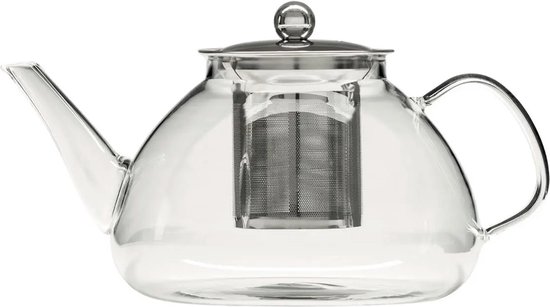 Een glazen theepot met roestvrijstalen handvat en deksel, met een ingebouwd filter.