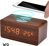 Houten Wekker Met Draadloze Oplader en Thermometer - Qi charger - Digitale Theremometer- Dubbele voeding USB en Batterij