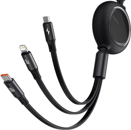 Câble rétractable Baseus USB-C 3 en 1 - USB-C 100W - Micro USB 10W -  Lightning 20W - Zwart