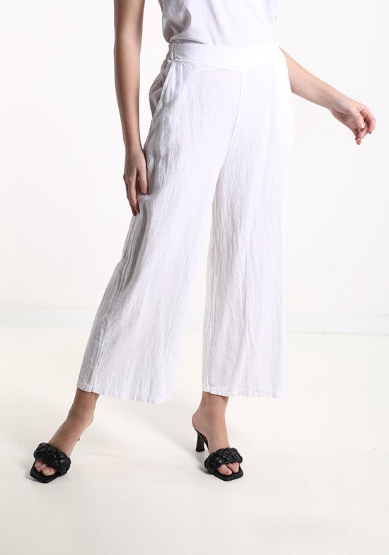 Comfortabele linnen broek met elastische talie - zijzakken - 7/8 - WIT  kleur, Maat 36/38 | bol.com