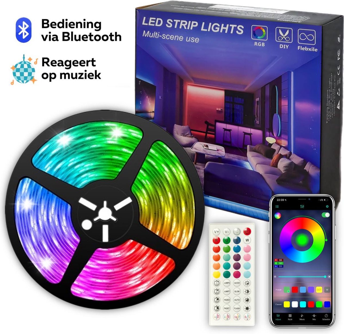 TechHome - Led Strip - 5 Meter - RBG SMD5050 - 16 Miljoen kleuren - Inclusief afstandsbediening - Bediening via App - Bluetooth - Reageert op muziek - Zelfklevend - 30 leds per m - Led light strip - Led lights - Led strips