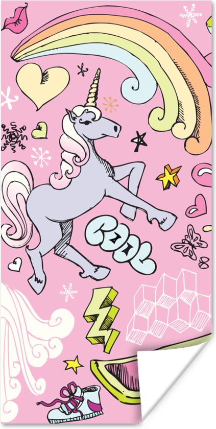 Poster kinderen - Meisjes - Design - Unicorn - Regenboog - Roze - Wanddecoratie meisjes - Poster eenhoorn - 80x160 cm - Decoratie voor kinderkamers