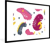 Poster in fotolijst kind - Dino - Patronen - Kind - Roze - Meisjes - Wanddecoratie meisjes - Decoratie voor kinderkamers - 80x60 cm - Slaapkamer decoratie