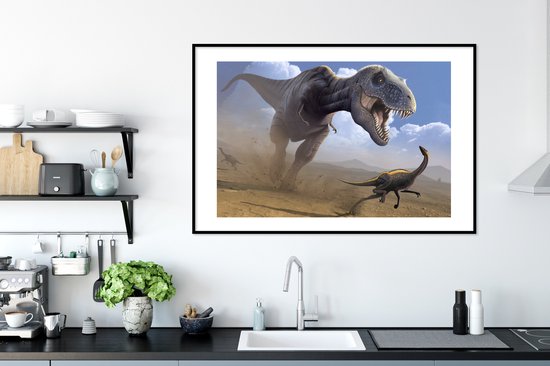 Photo encadrée - Une illustration d'un cadre photo dinosaure de chasse noir avec passe-partout blanc xxl 120x80 cm - Affiche encadrée (Décoration murale salon / chambre)