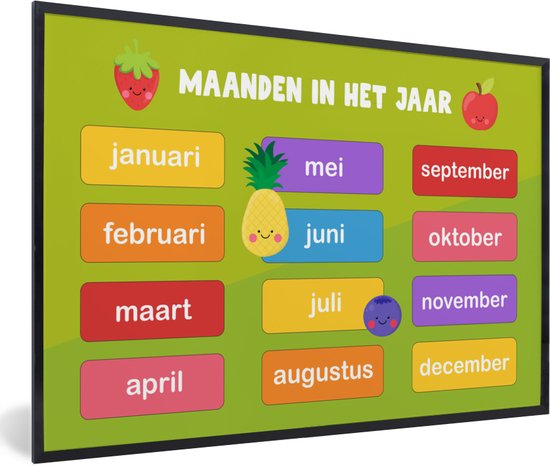 Poster in lijst voor kinderen - Schilderij kids - Kinderkamer decoratie - Maanden - Educatief - Jongens - Meisjes - Kinderen - Groen - Kids - 120x80 cm