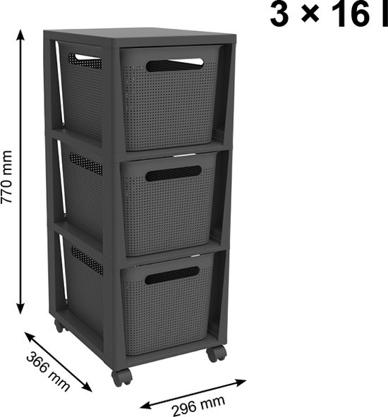 Rotho Brisen Rolcontainer met 3 laden, Kunststof (pp gerecycled), wit/anthrazit, 3x16l (14,3 x 11,8 x 30,4 inch