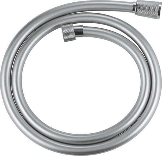 Zilverkleurige, spiraalvormige douche- of badslang met verchroomde connectoren.
