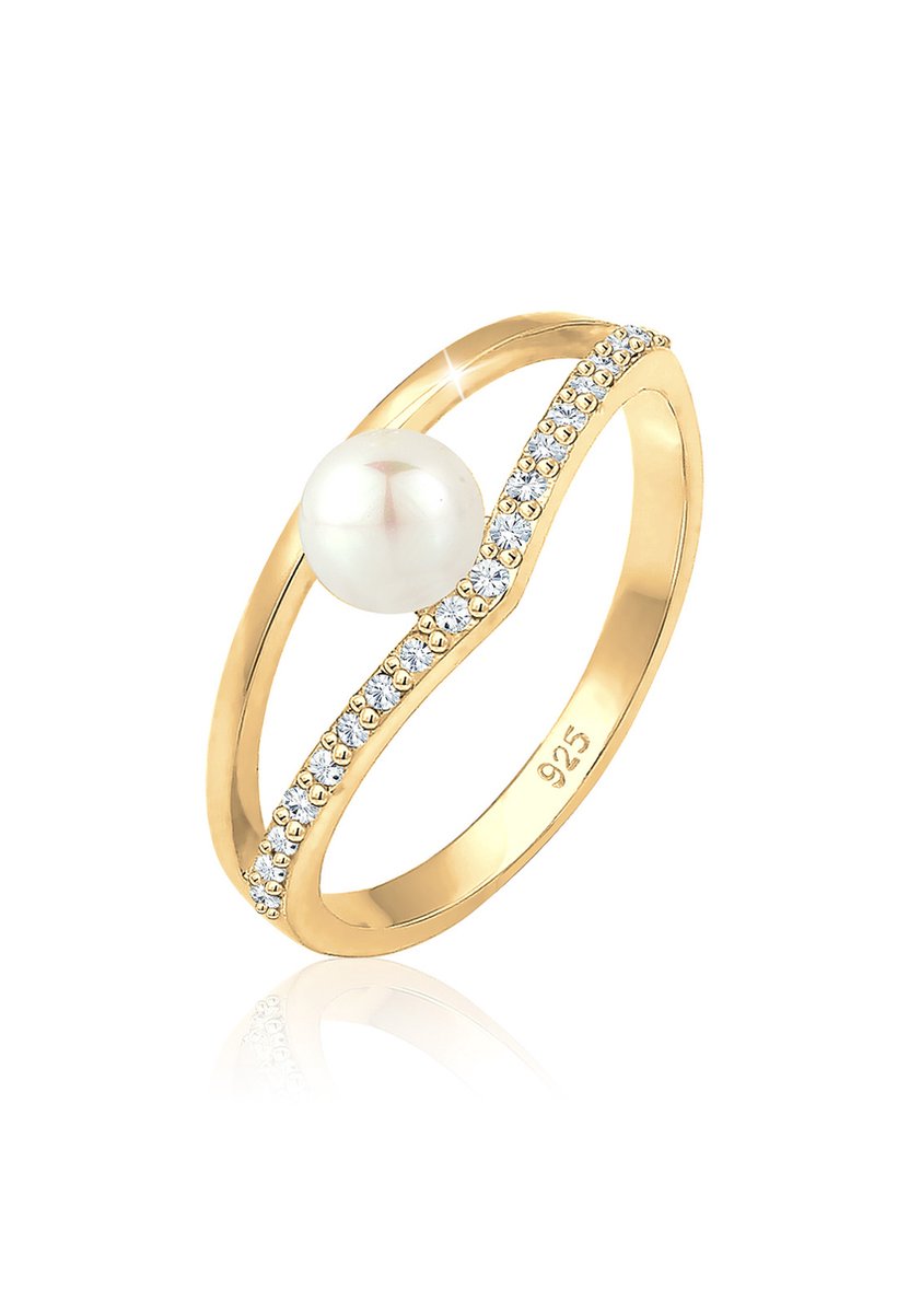 Elli - Ring - Dames Elegant Geo Design met zoetwater gekweekte parel en kristallen in 925 sterling zilver verguld - Dames