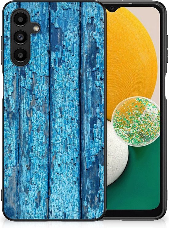 Coque Samsung Galaxy A14 5G Coque Arrière Coque Siliconen avec Bord Noir Wood Blue