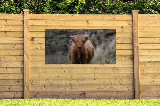 Décoration murale d'extérieur Scottish Highlander - Mousse - Herbe - 160x80 cm - Toile de jardin - Poster extérieur