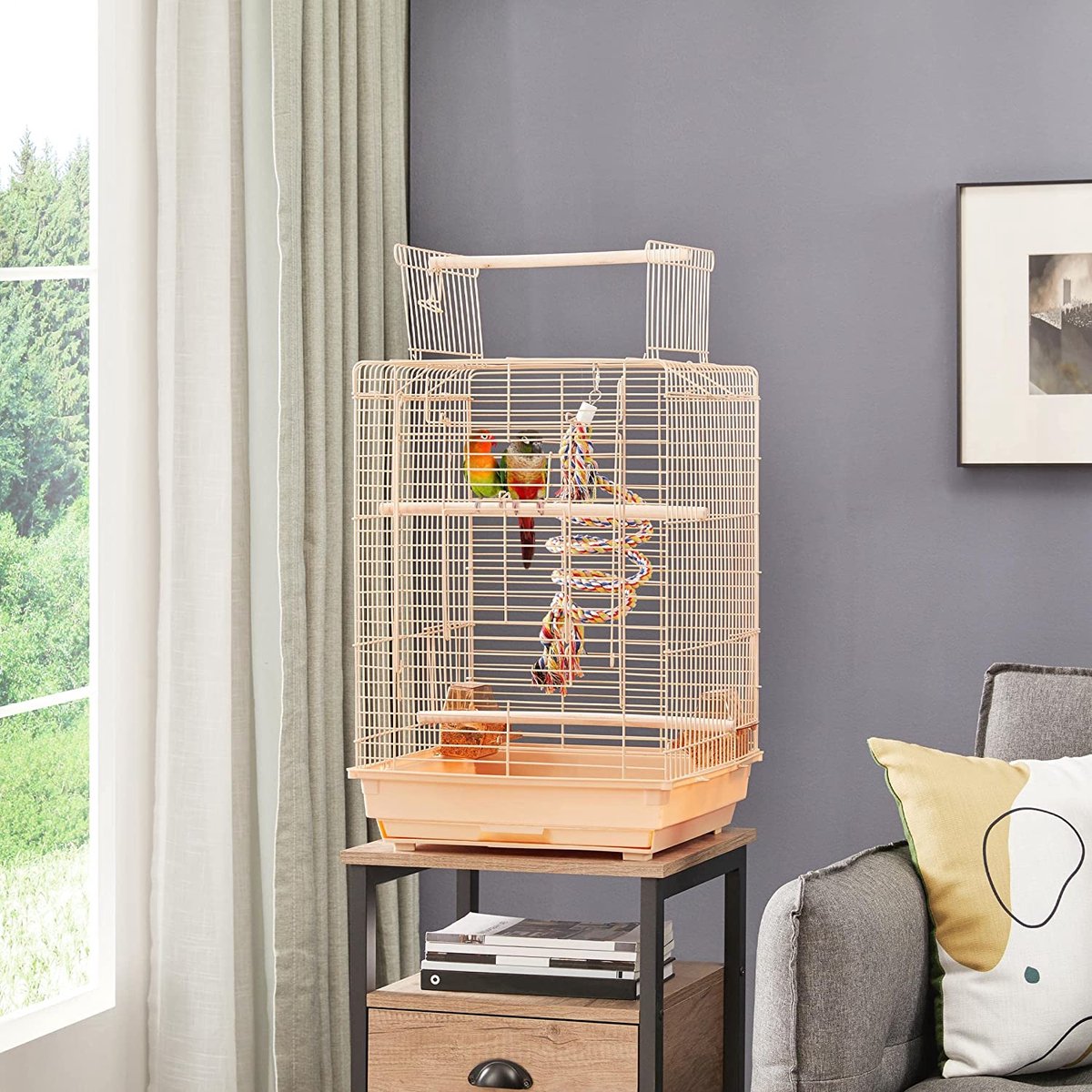 Vogelkooi met vogelspeelgoed parkietkooi valkparkieten vink papegaaienkooi met dak 40 x 40 x 58 cm amandel HM-YAHEE-591486