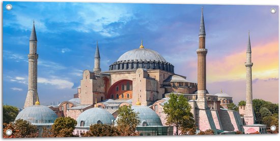 Tuinposter – Hagia Sophia Moskee, Turkije - 100x50 cm Foto op Tuinposter (wanddecoratie voor buiten en binnen)