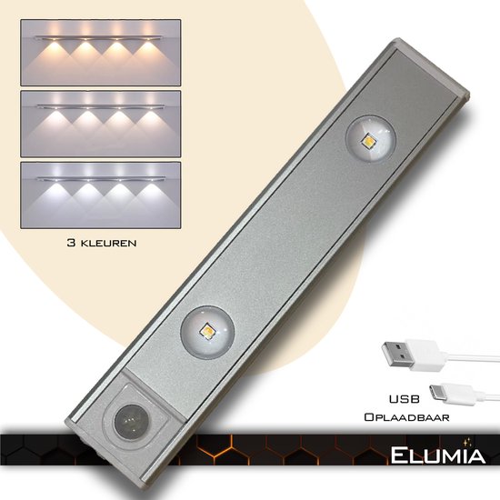 Lampe LED Elumia® 20cm avec détecteur de mouvement - 3 couleurs (blanc chaud, blanc et blanc froid) - USB - Siècle des Lumières Led avec 2 LED puissantes - Aluminium - Magnétique - Batterie rechargeable par USB - Confirmation facile