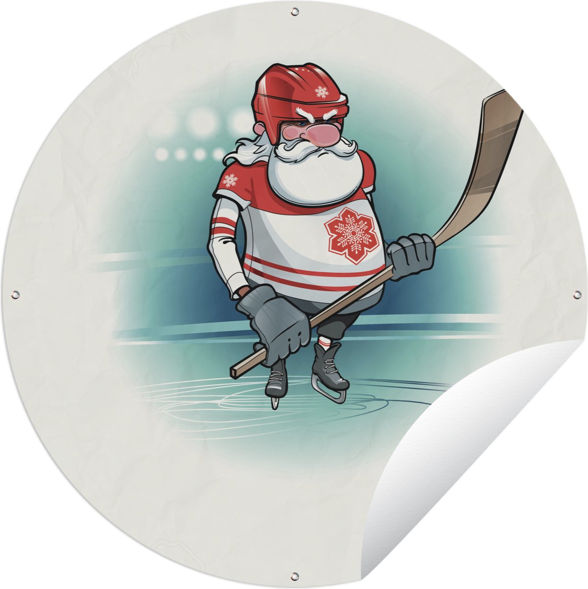 Kerstman speelt ijshockey in een illustratie op ronde tuinposter van 150x150 cm voor buiten.