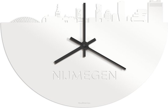 Skyline Klok Nijmegen Wit Glanzend - Ø 40 cm - Stil uurwerk - Wanddecoratie - Meer steden beschikbaar - Woonkamer idee - Woondecoratie - City Art - Steden kunst - Cadeau voor hem - Cadeau voor haar - Jubileum - Trouwerij - Housewarming -