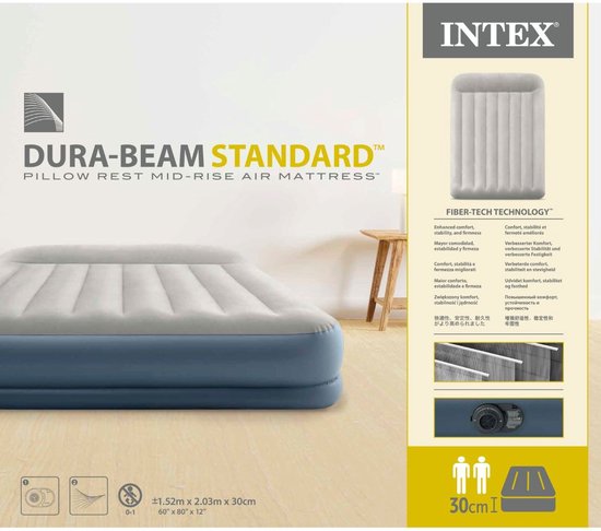 Intex Airbed Set - 2 Personnes - 152 x 203 x 30 cm - Grijs - Avec Pompe Intégrée + Hoeslaken Housse Anthracite + Oreiller + Taies d'oreiller Molton 2 en 1 + Kit de Réparation