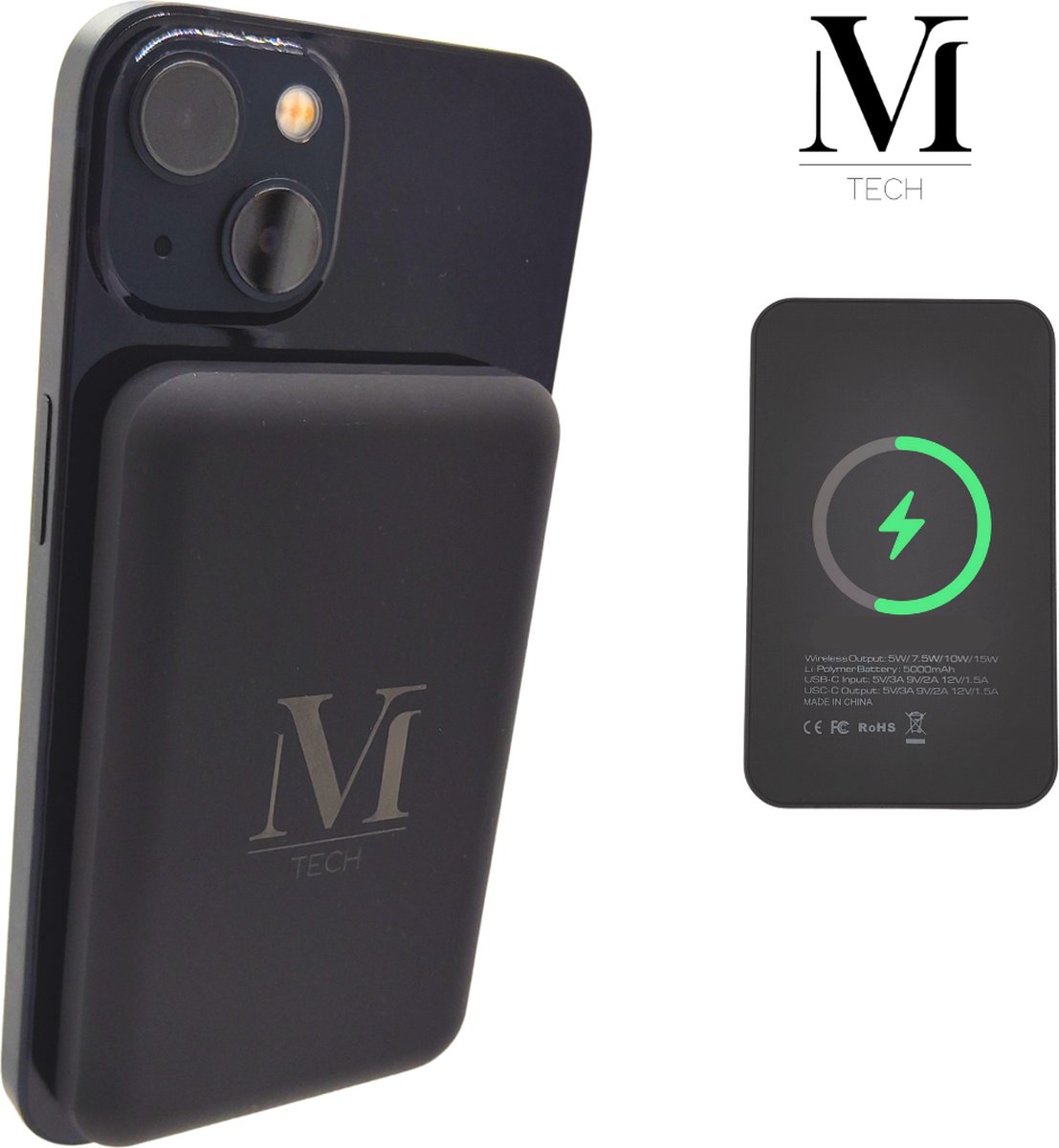 V&M Tech - MagSafe Powerbank 5000 mAh - Magnetisch & Draadloos - 15W snellader - Geschikt voor iPhone 12/13/14 - Zwart
