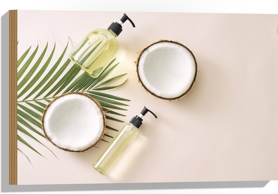 Hout - Cosmetica Flesjes met Palmblad en Kokosnoten - 60x40 cm - 9 mm dik - Foto op Hout (Met Ophangsysteem)
