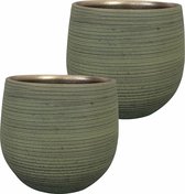 Steege Plantenpot/bloempot - 2x - keramiek - donkergroen stripes relief - D26/H25 cm