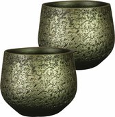 Steege Plantenpot/bloempot - 2x - keramiek - metallic donkergroen/touch of gold - D27/H25 cm