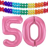 Folat folie ballonnen - Verjaardag leeftijd cijfer 50 - glimmend roze - 86 cm - en 2x feestslingers