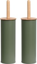 Zeller WC/Toiletborstel in houder metaal/bamboe hout - 2x stuks - salie groen - 38 x 10 cm